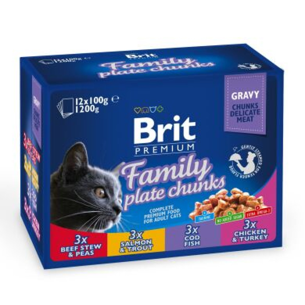 Влажный корм для кошек Brit Premium Cat Family Plate pouches 1200 г (ассорти из 4 вкусов «Семейная тарелка») 12штук