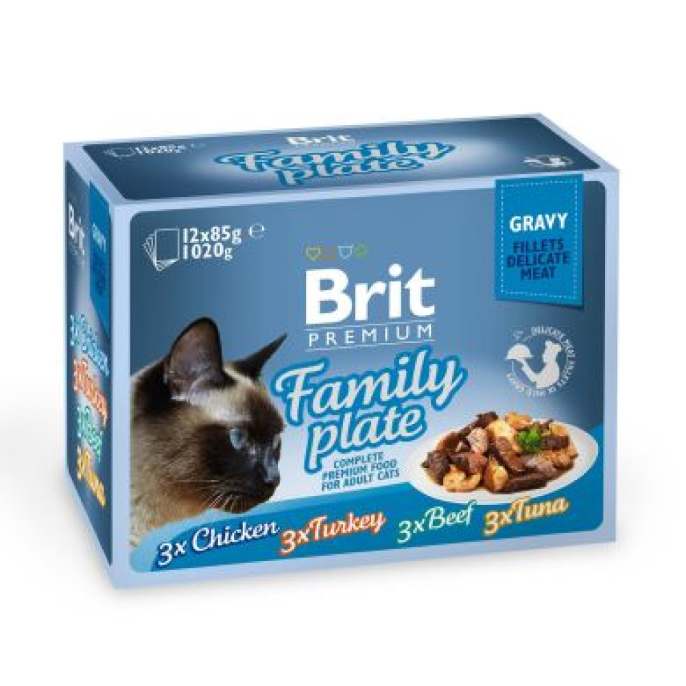 Влажный корм для кошек Brit Premium Cat Family Plate Gravy pouches 1020 г (ассорти из 4 вкусов «Семейная тарелка» в соусе) 12штук