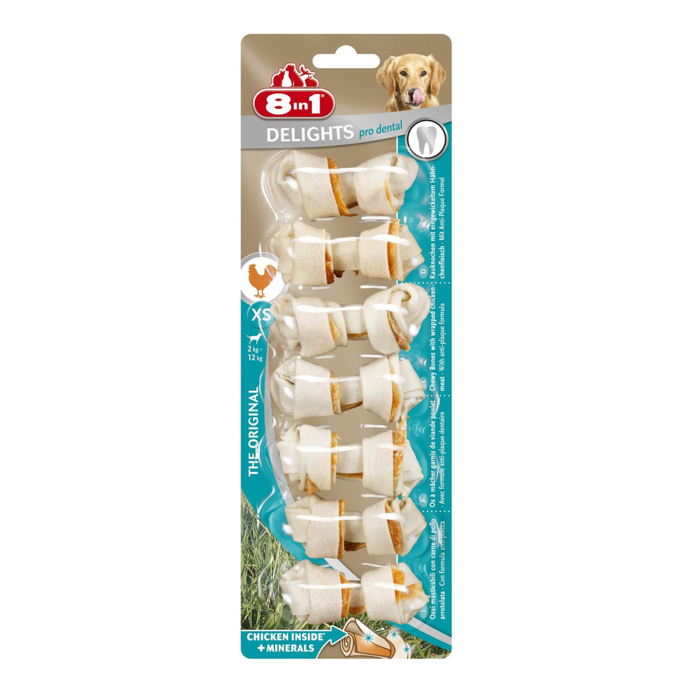 Лакомство для собак 8in1 Delights Кость для чистки зубов Pro Dental 7 см, 84 г / 7 шт. (курица) код  661266 /660330 /102595